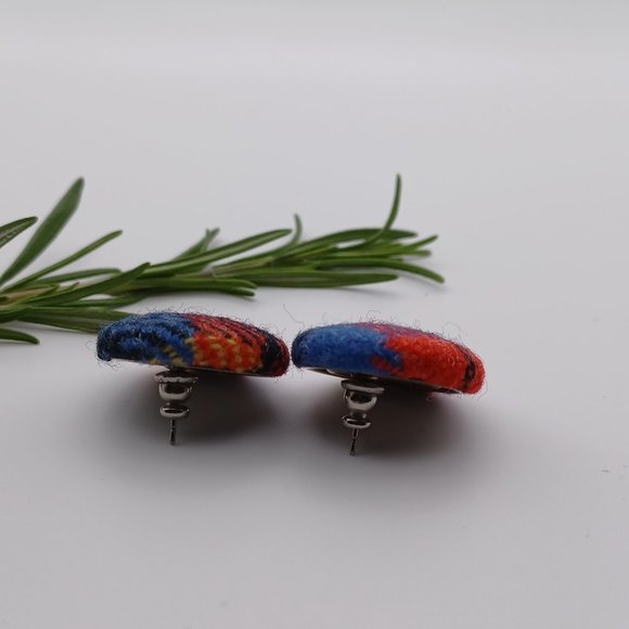 Button Earrings - Red and Blue Tweed Wool Fabric - Picture 4 of 8